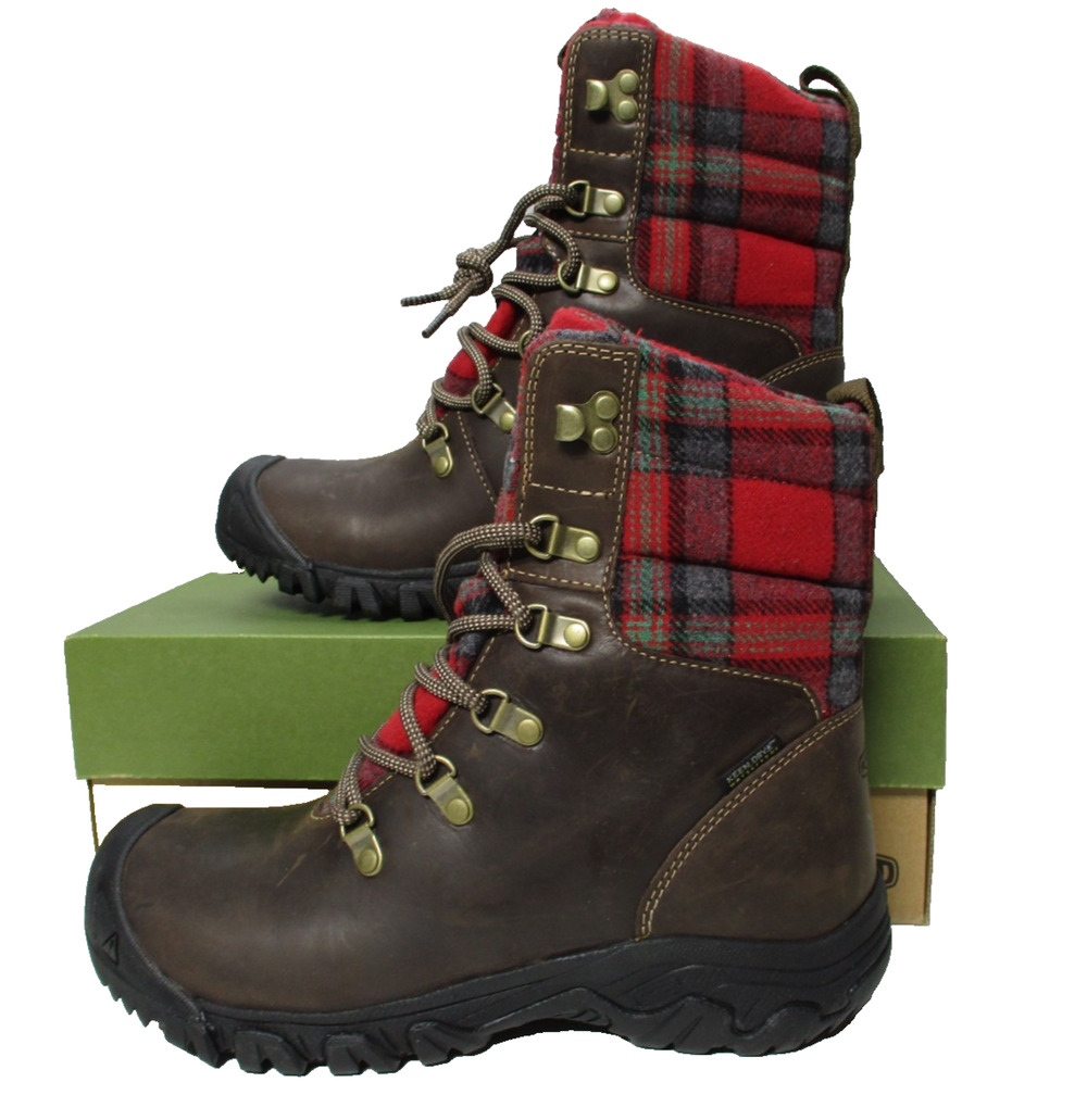 KEEN Greta Waterproof Boots Brown Leather Plaid Insulated Womens Sz 7.5